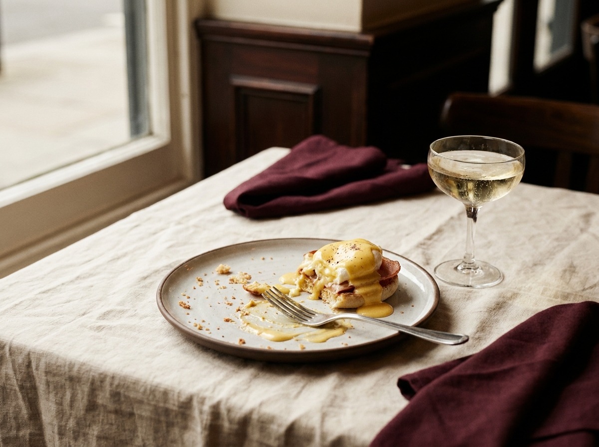 Half-eaten brunch plate, a glass of wine, linen tablecloth