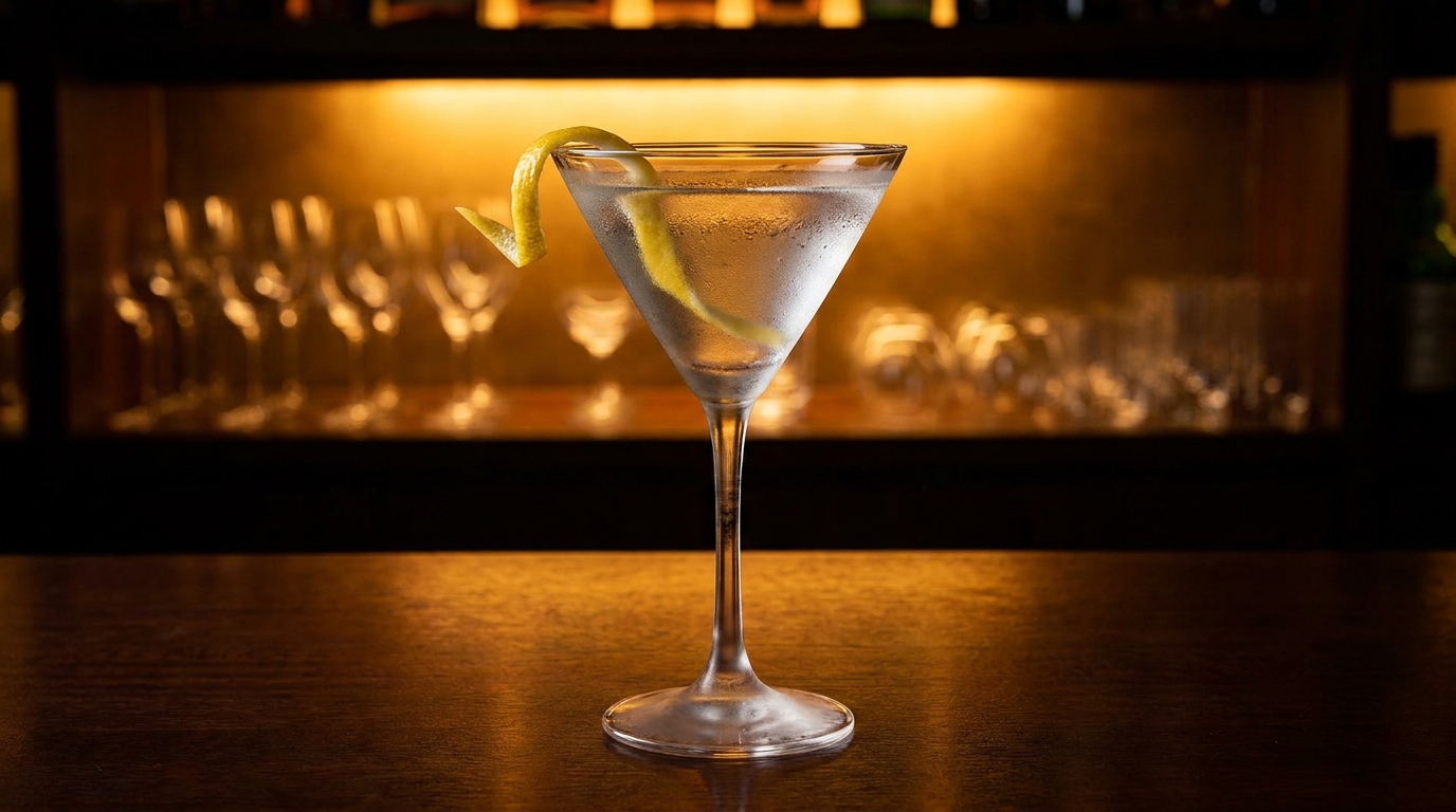 A martini glass with a lemon twist backlit on a dark wooden bar