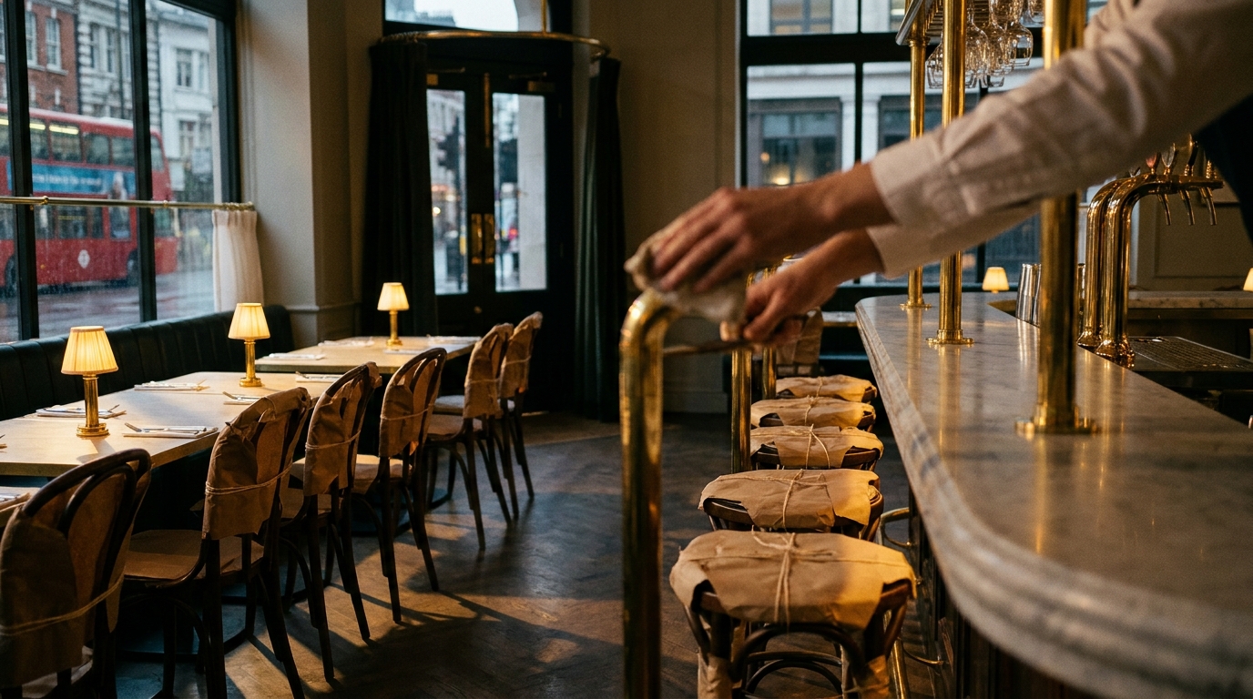A freshly opened London restaurant at dusk, empty dining room lit by lamps, chairs still wrapped in paper