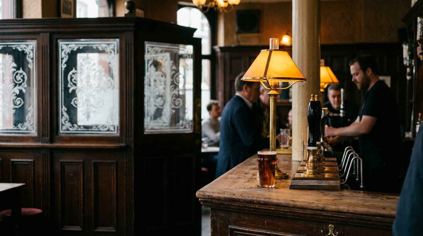 The interior of a traditional London pub with dark wood, etched glass and a pint of bitter on the bar