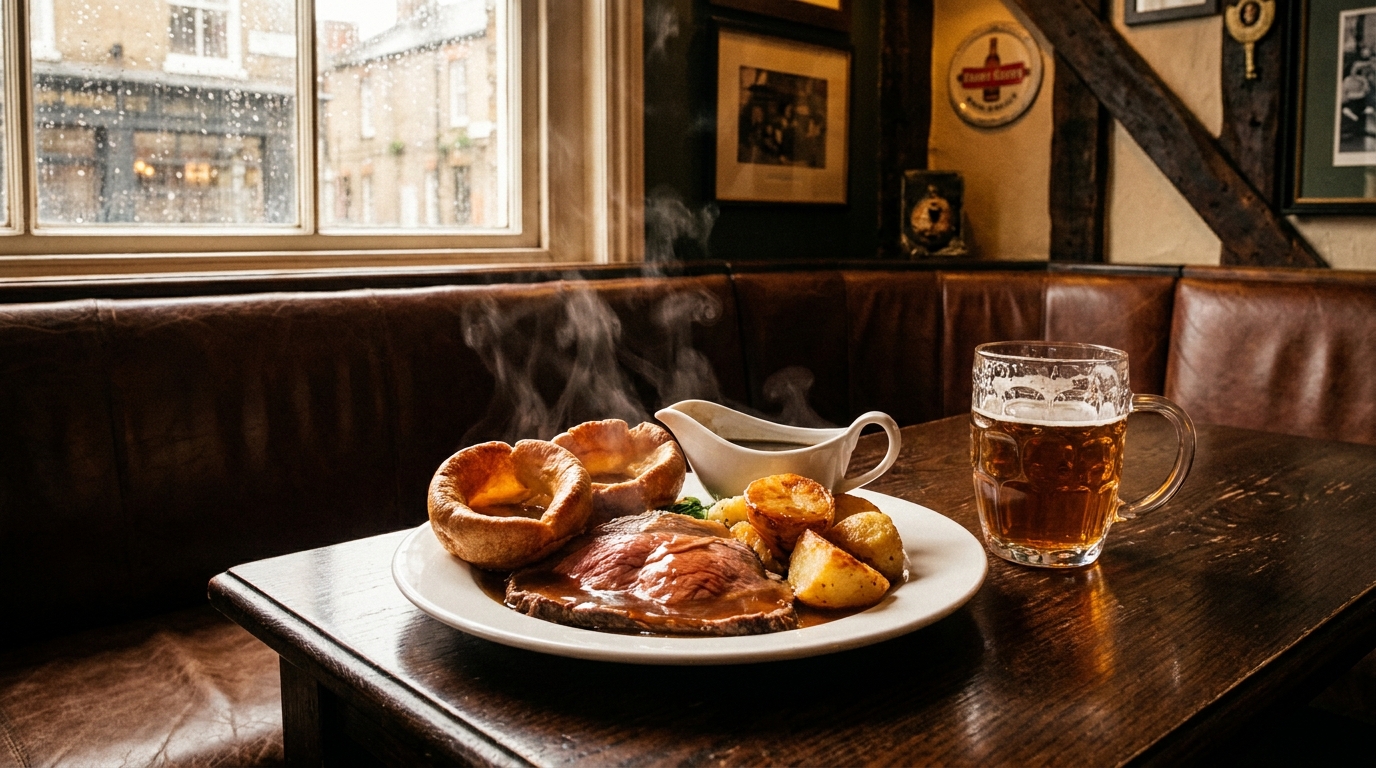 A plate of roast beef with Yorkshire pudding and a gravy boat at a London pub