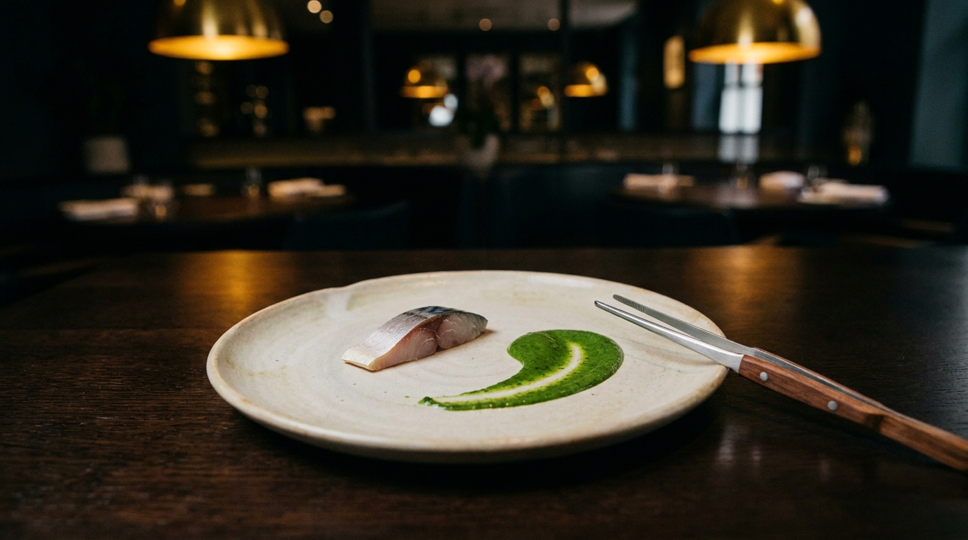 A small, precise tasting-menu plate with a single piece of fish on a pale ceramic plate