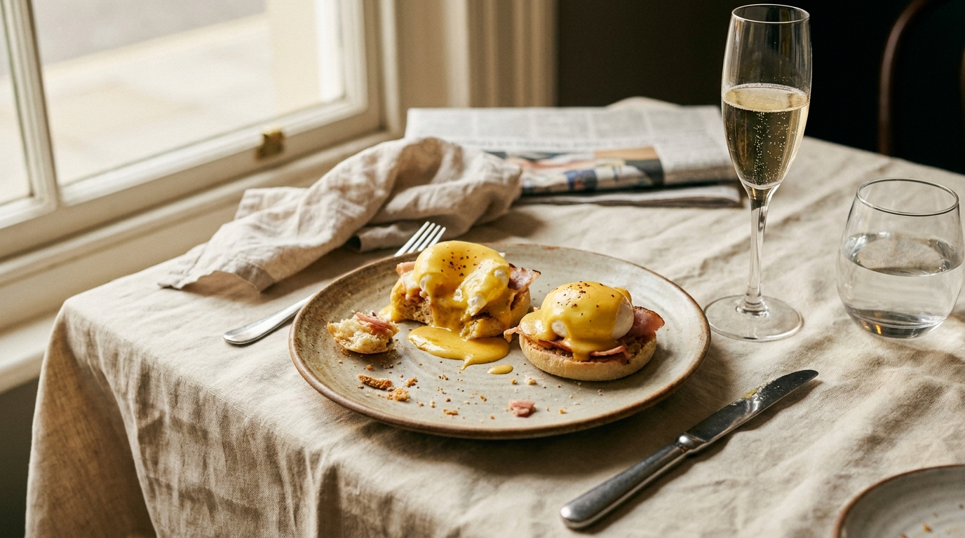 A half-eaten brunch plate with a glass of prosecco on a linen tablecloth, warm window light