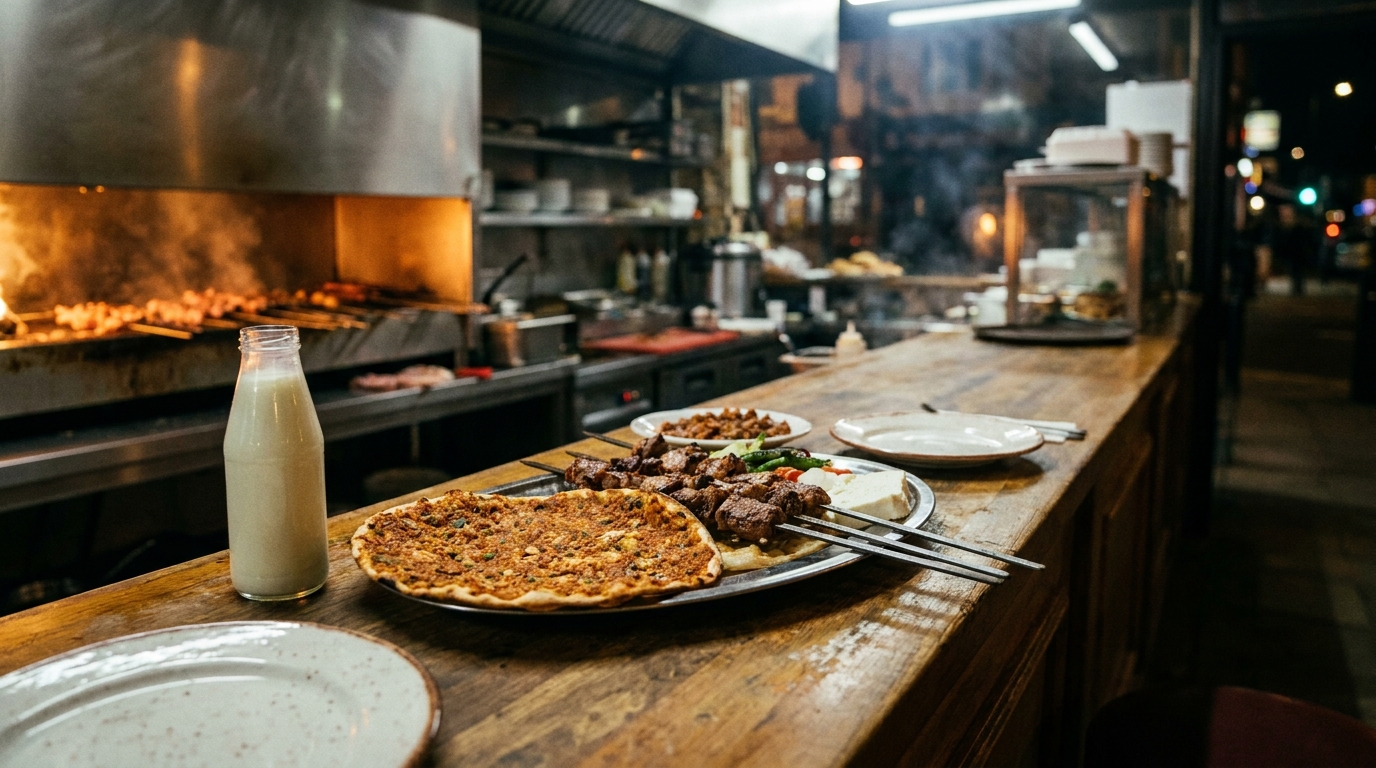 A plate of Turkish grilled meats and bread at a counter on Green Lanes, London