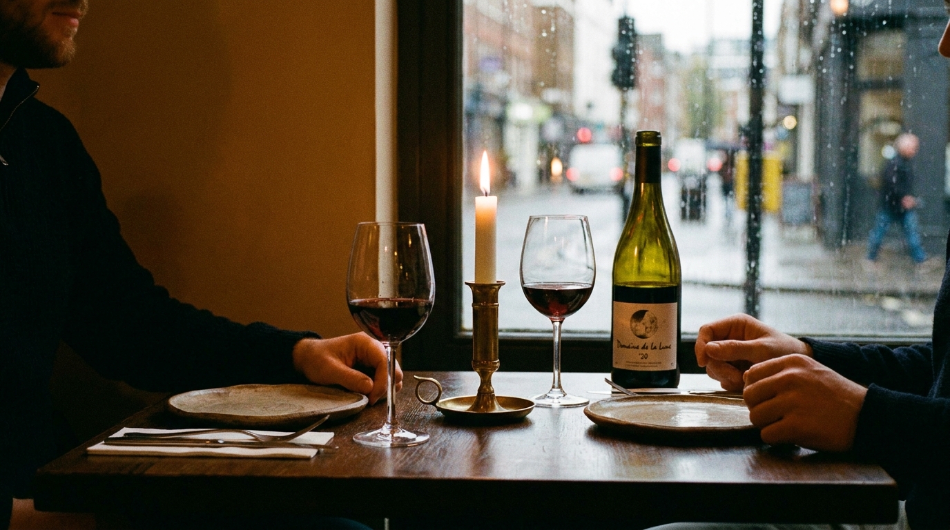 A candlelit dining table for two at a London restaurant, two wine glasses, soft focus