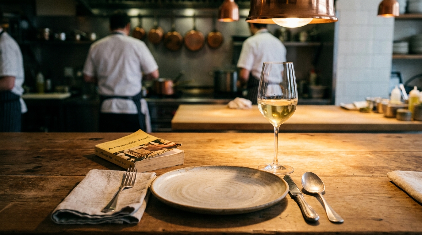 A single place setting at a restaurant counter with a book face-down beside the plate