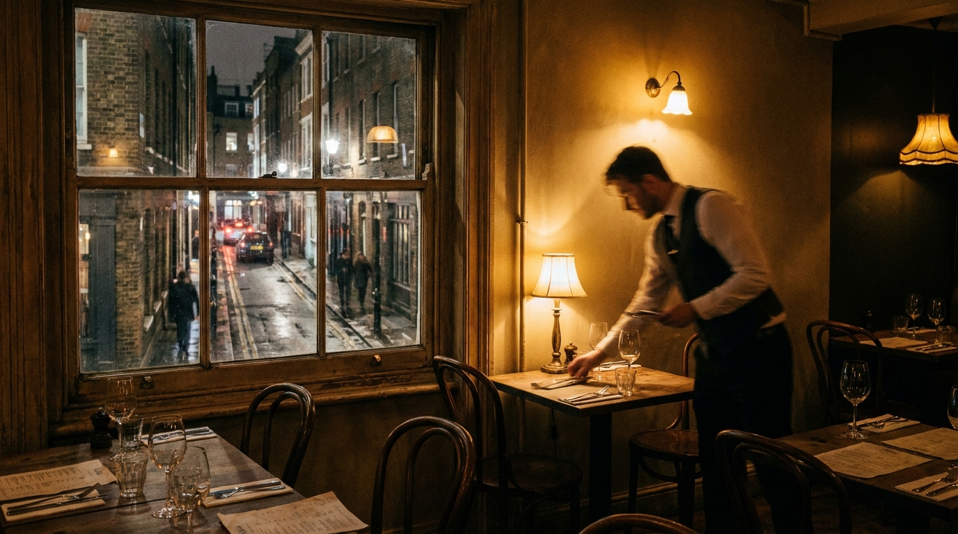 A late-night restaurant scene in Soho with empty streets outside, warm interior light
