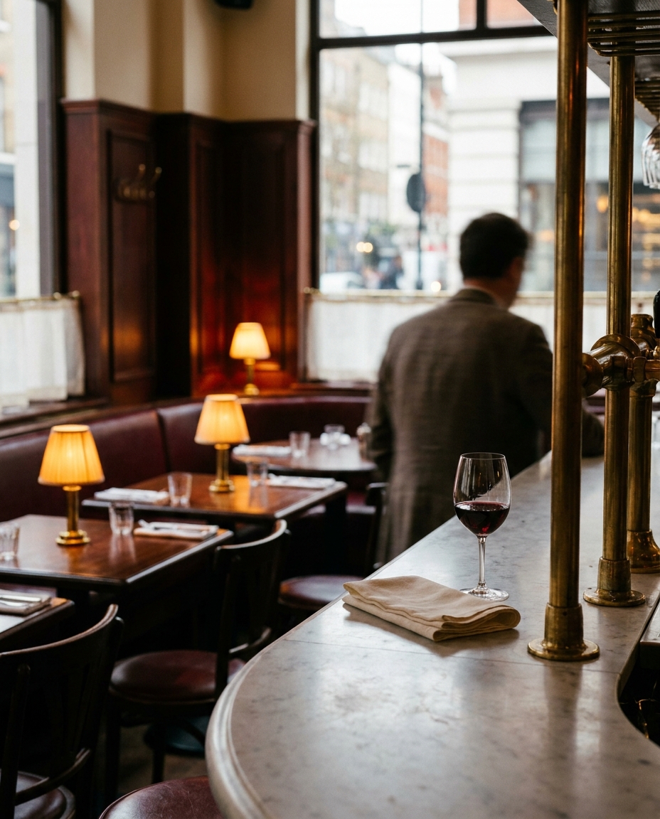London restaurant interior at dusk, warm amber lighting, one person seated at the bar in soft focus
