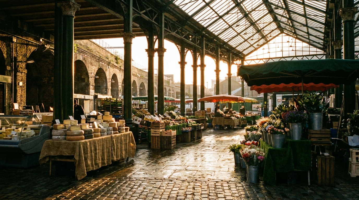 The arches of Borough Market at golden hour with market stalls setting up