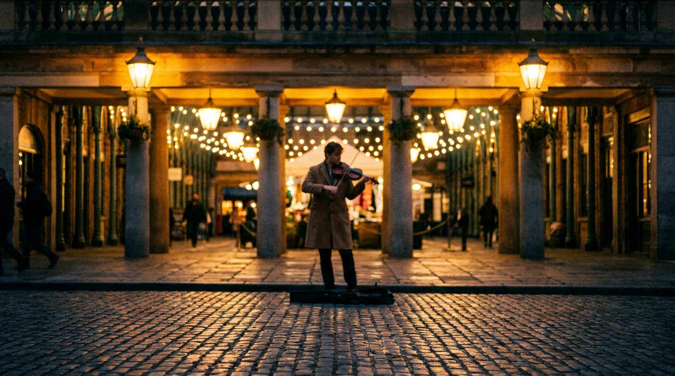 Covent Garden piazza at dusk with the old market hall illuminated, a violinist in the middle distance