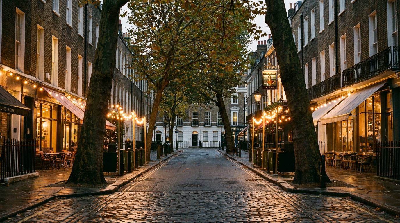 Charlotte Street, Fitzrovia, at dusk with warm cafe lights and plane trees