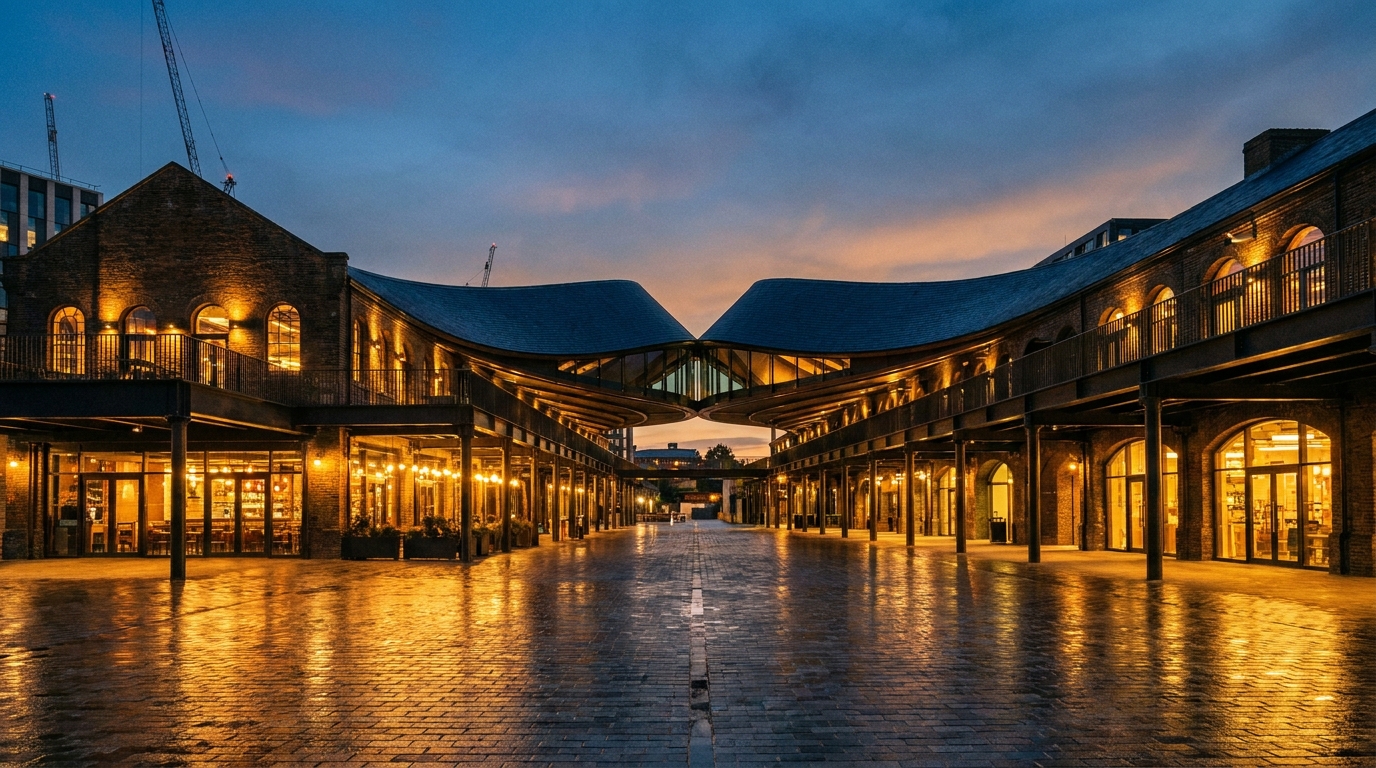 Coal Drops Yard at King's Cross at dusk, brick warehouses with warm lit restaurants
