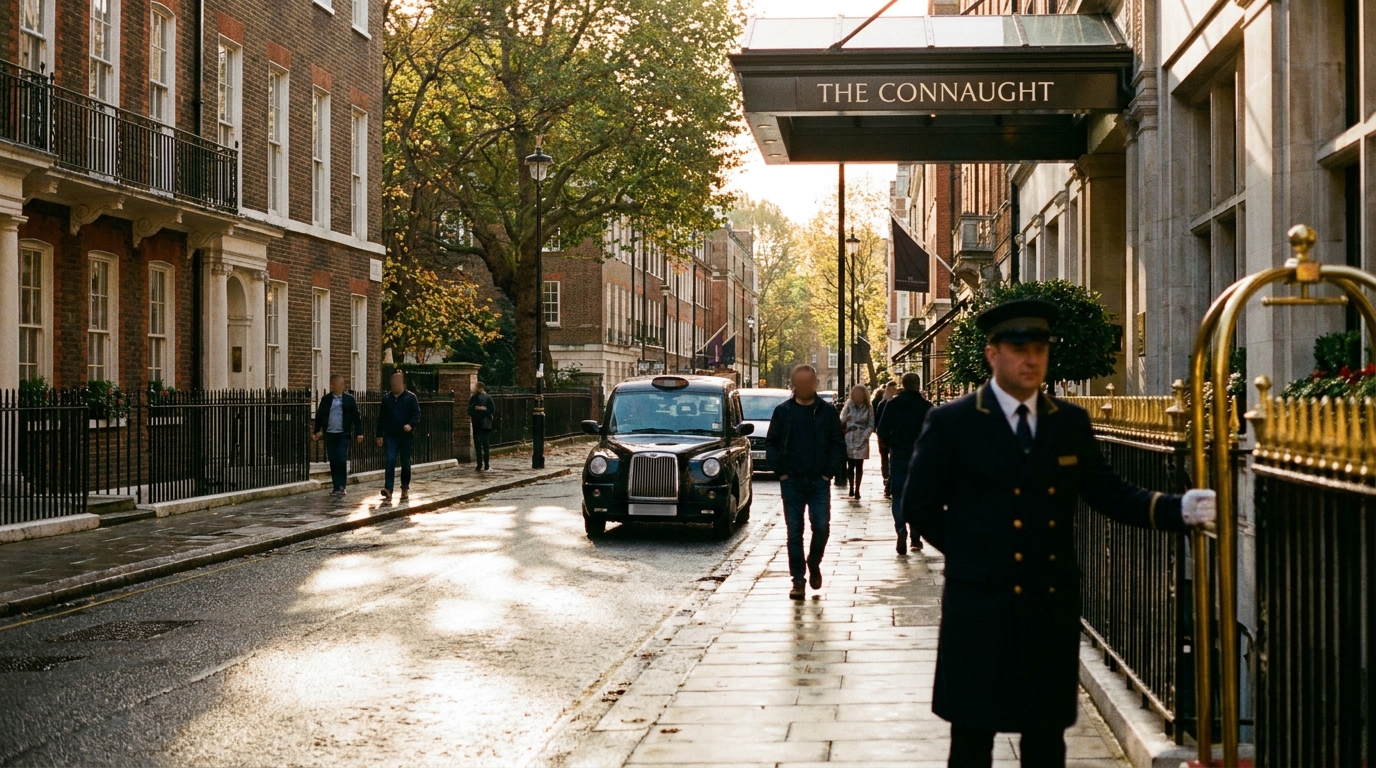 Mayfair Georgian facades at golden hour, a black cab passing a hotel awning