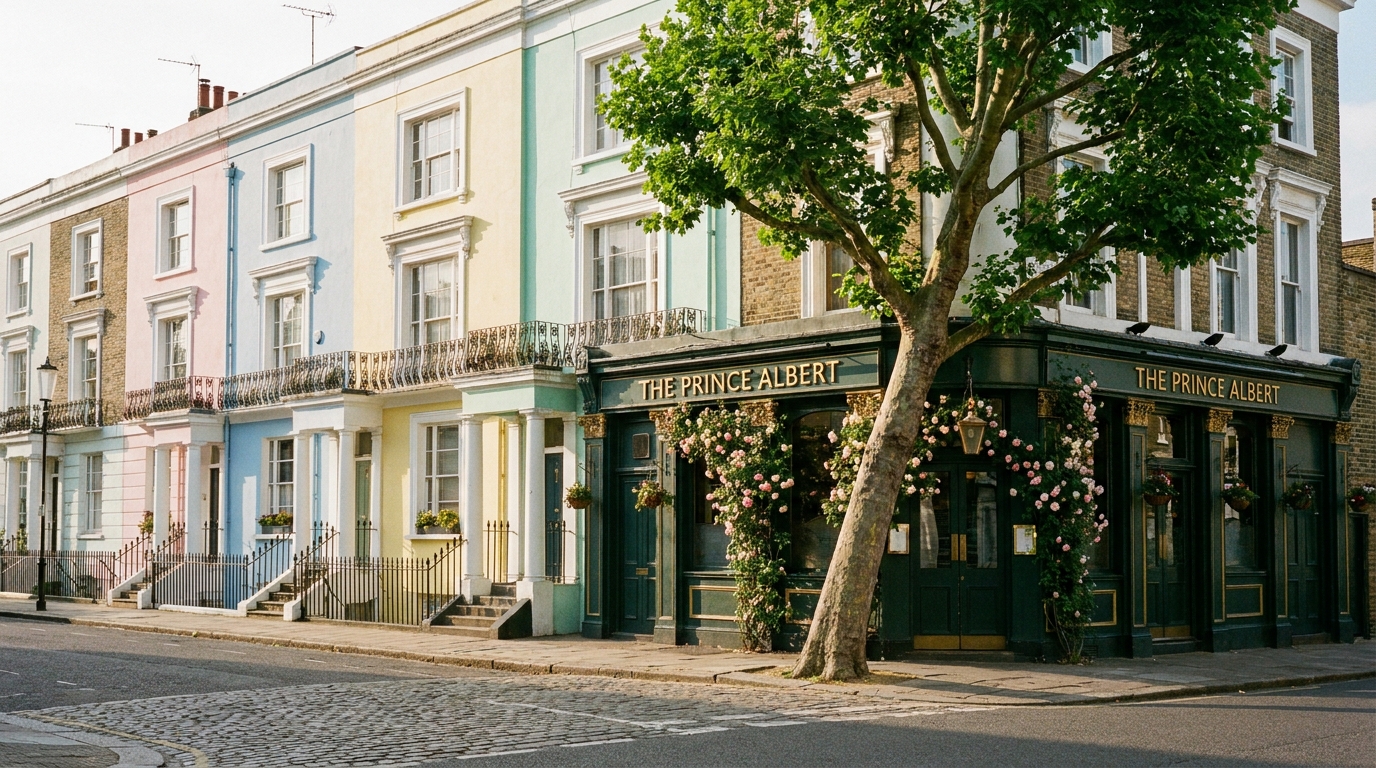 A Notting Hill terrace of pastel-painted Victorian houses, a pub on the corner