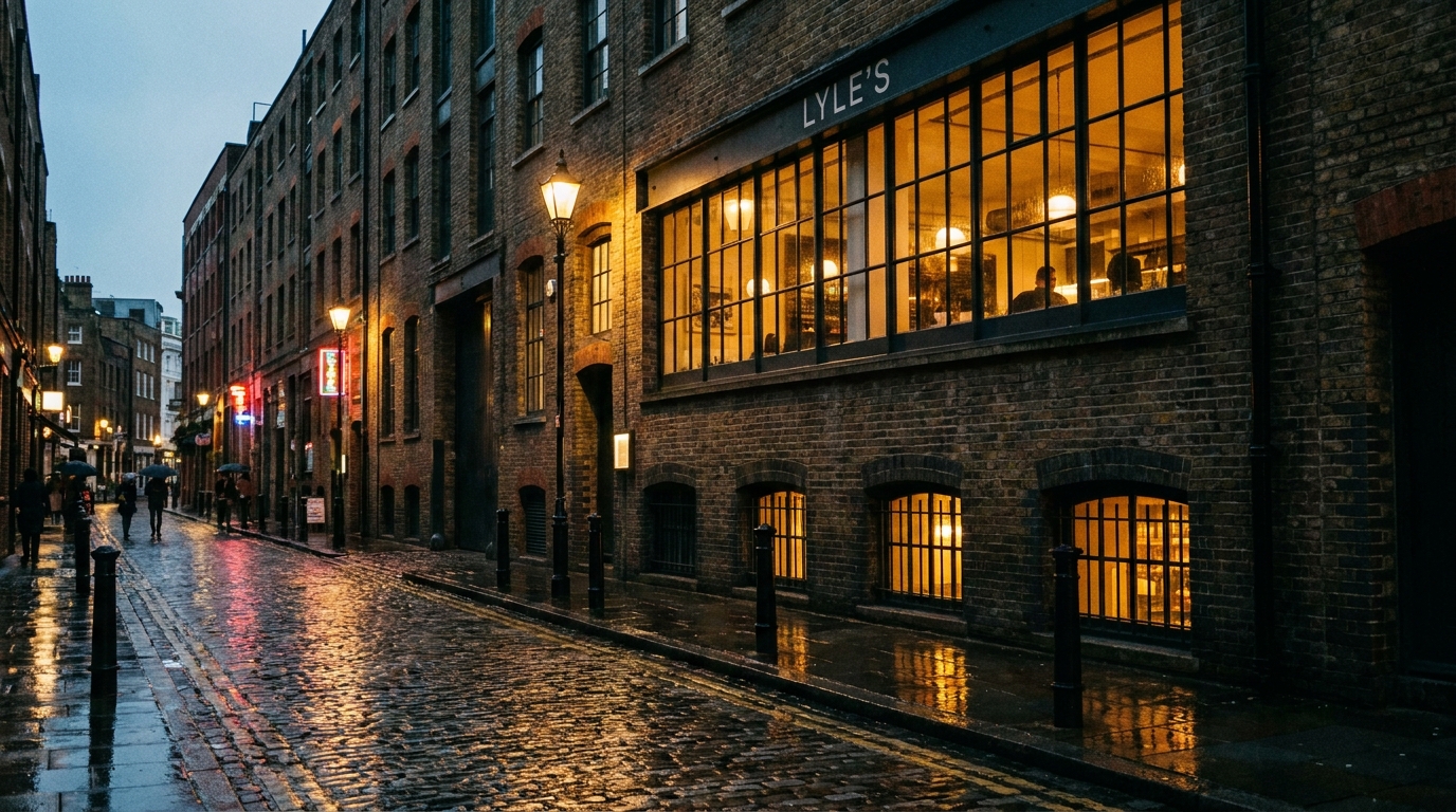 Shoreditch brick warehouses at dusk, wet street reflecting the warm light from a first-floor restaurant