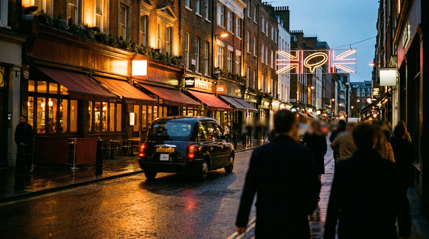 Soho street at dusk with neon signs and warm restaurant windows