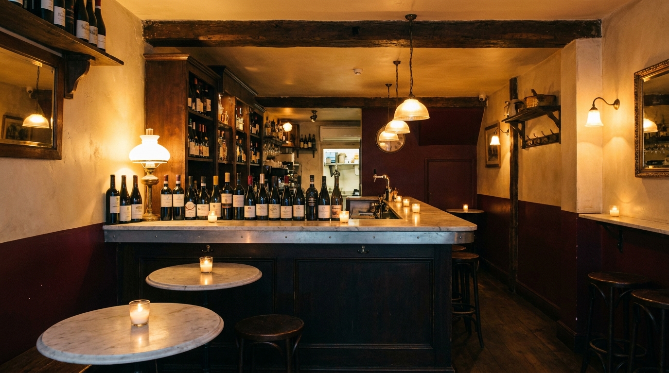 Bar Gemella interior at dusk, warm amber lighting, wine bottles behind a marble bar in Soho