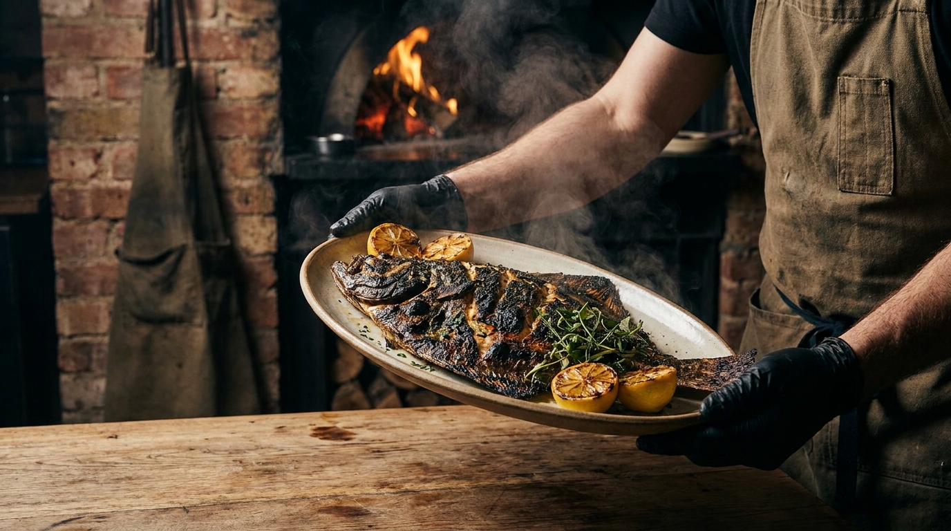 A whole turbot grilled over wood fire at Brat in Shoreditch, charred skin, lemon wedges