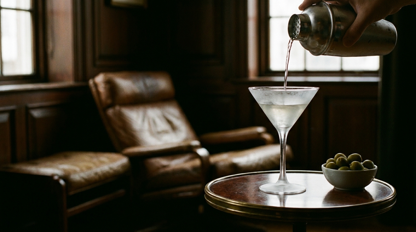 A frozen-glass martini being poured tableside at Dukes Bar in St James's