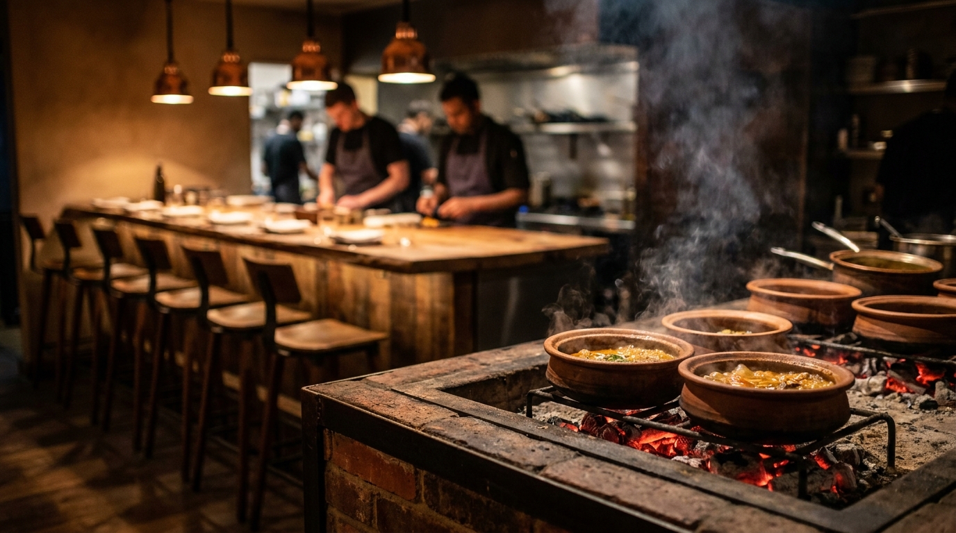 The open kitchen of Kiln on Brewer Street, clay pots over charcoal, counter seating in the foreground