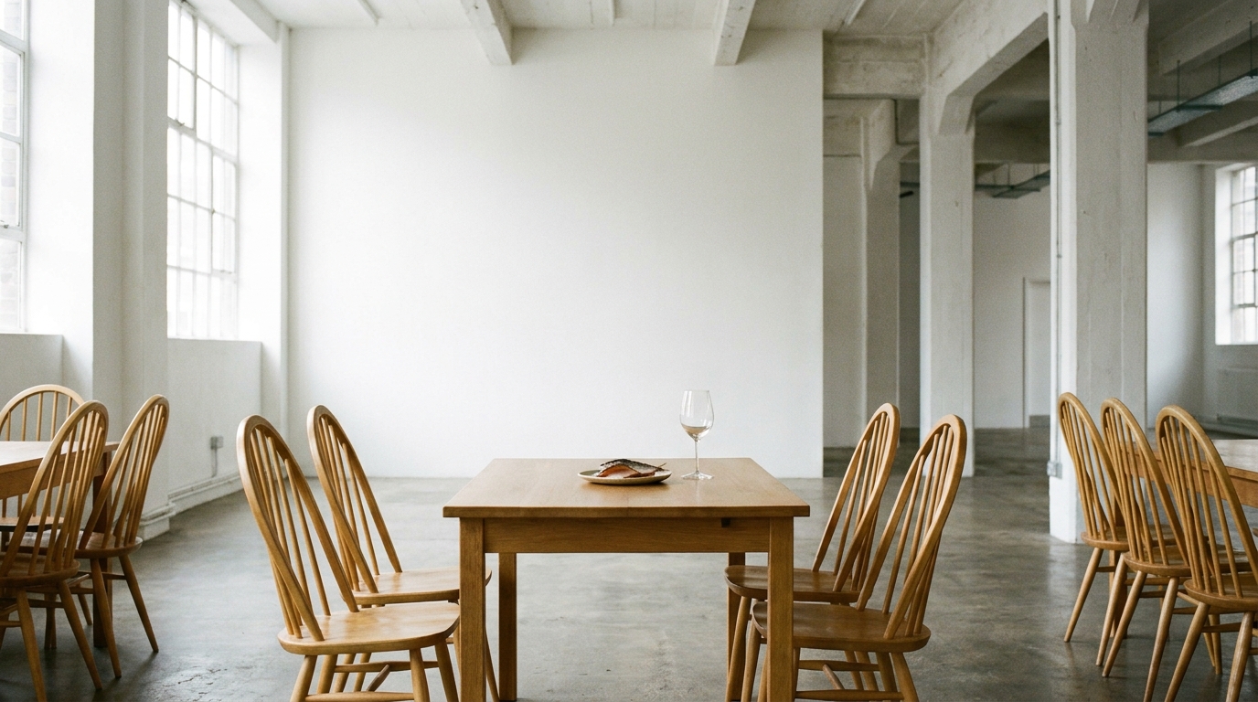 The spare white dining room of Lyle's in Shoreditch, a single small plate and a wine glass on a plain wooden table