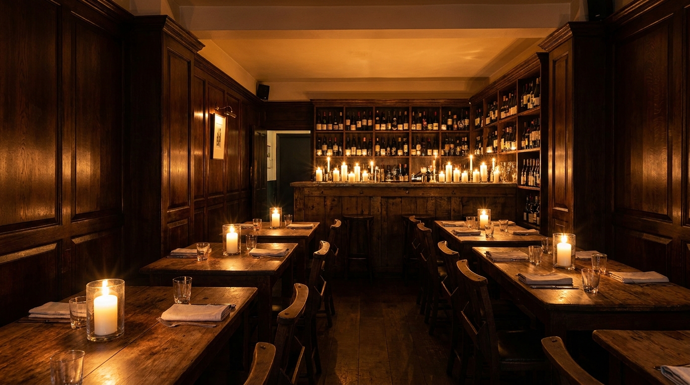 The intimate wood-panelled dining room of Noble Rot on Lamb's Conduit Street, candles on every table