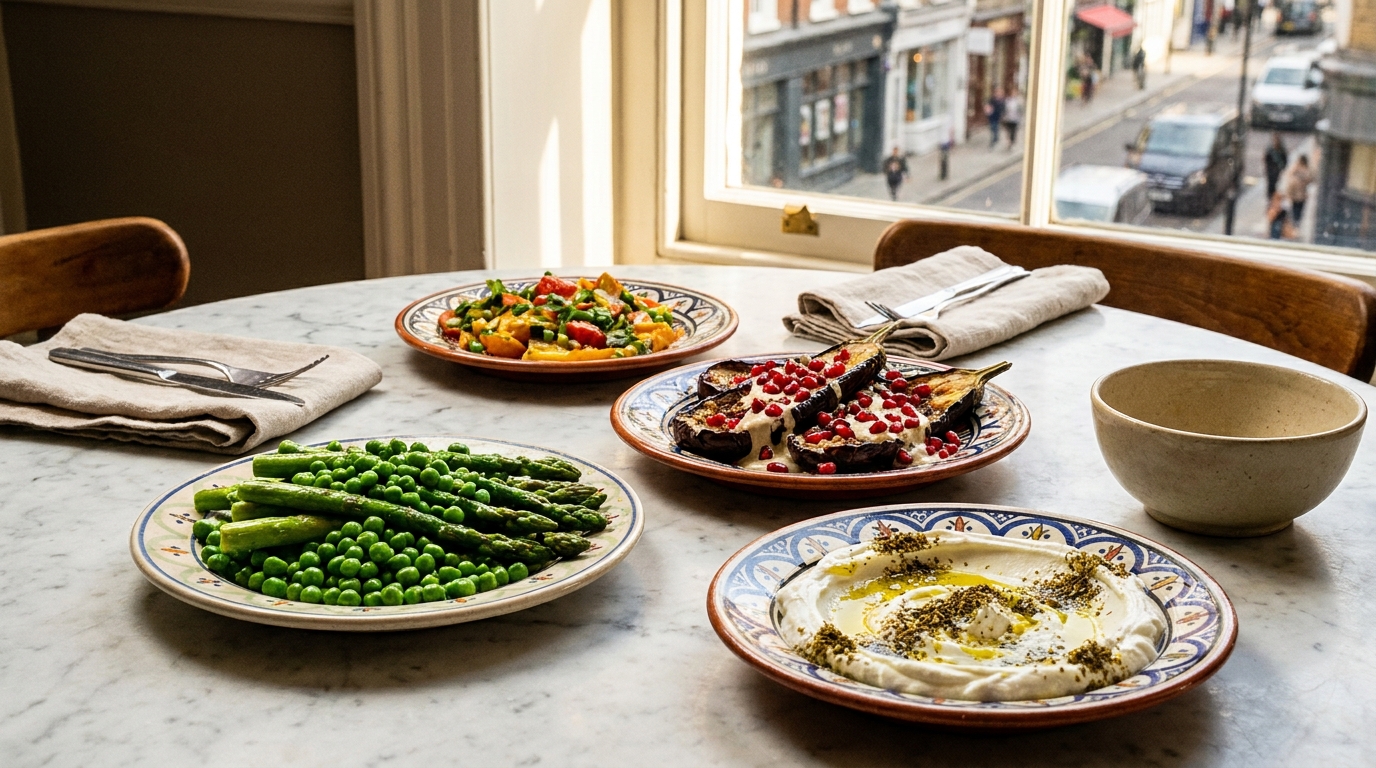 A table set with colourful Ottolenghi sharing plates at Nopi in Soho, bright greens, roasted aubergine, labneh