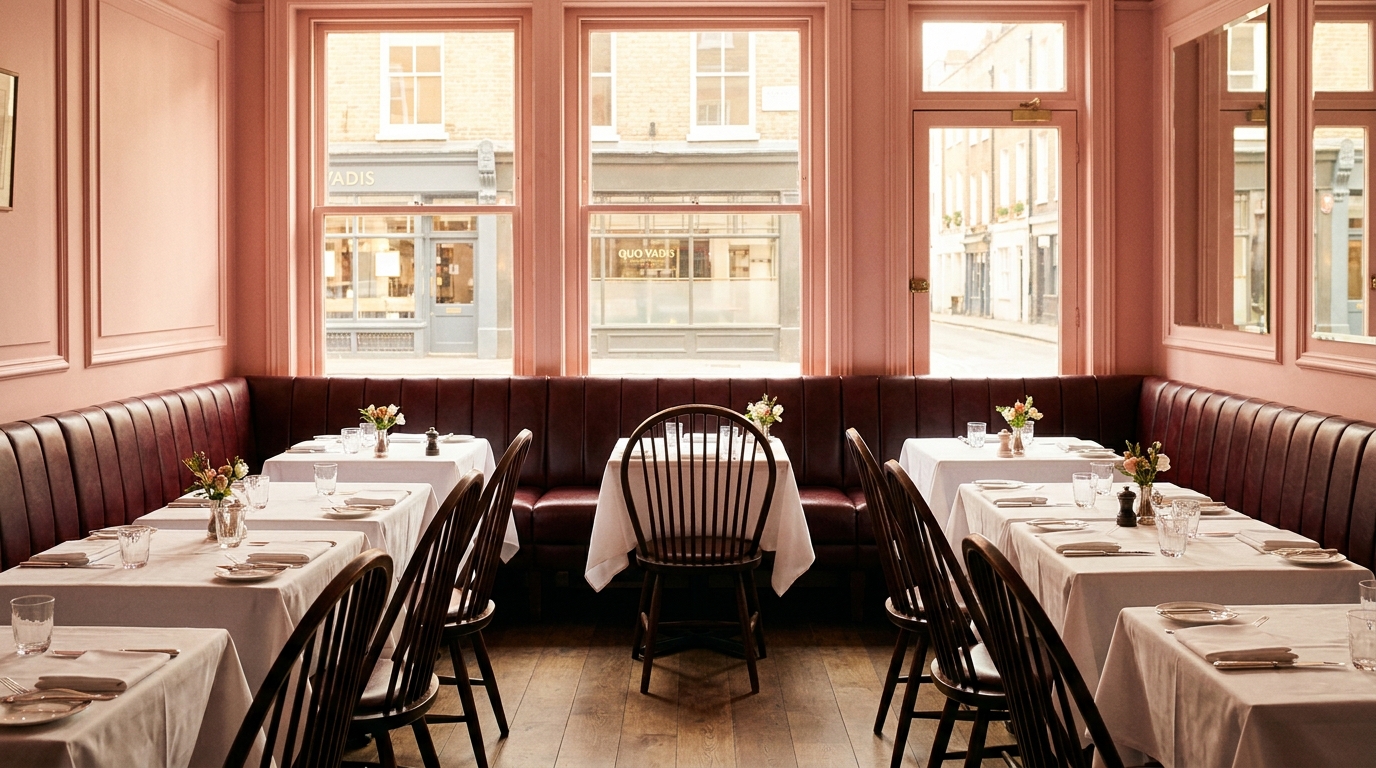 The pink-walled dining room of Quo Vadis on Dean Street with white linen and banquette seating