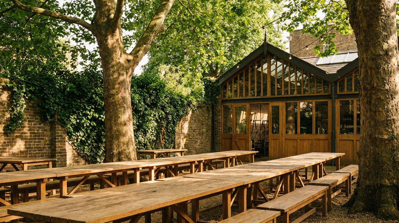 The walled garden of Rochelle Canteen at Arnold Circus, tables under plane trees