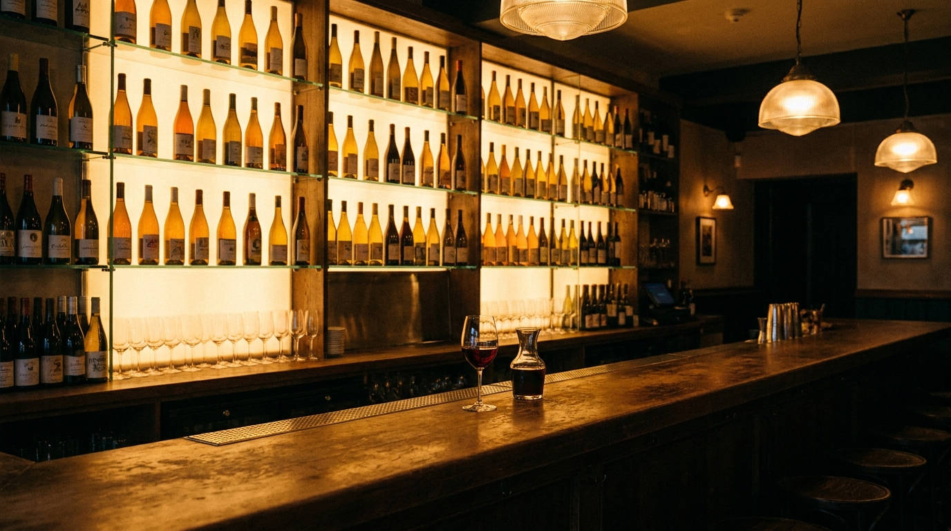 Dimly-lit bar at Sager + Wilde on Hackney Road, wine bottles backlit on the bar shelf