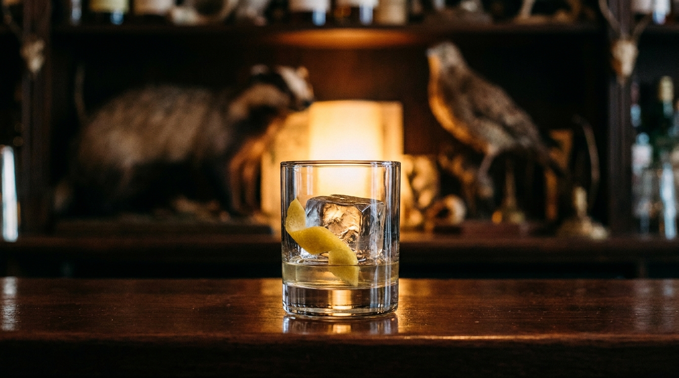 A glass with a clear single ice cube and a twist of lemon peel at Satan's Whiskers in Bethnal Green