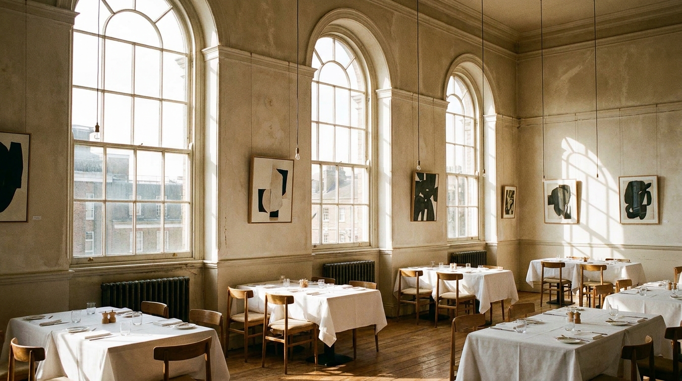 The light-filled dining room of Sessions Arts Club above the old courthouse in Farringdon, a huge arched window