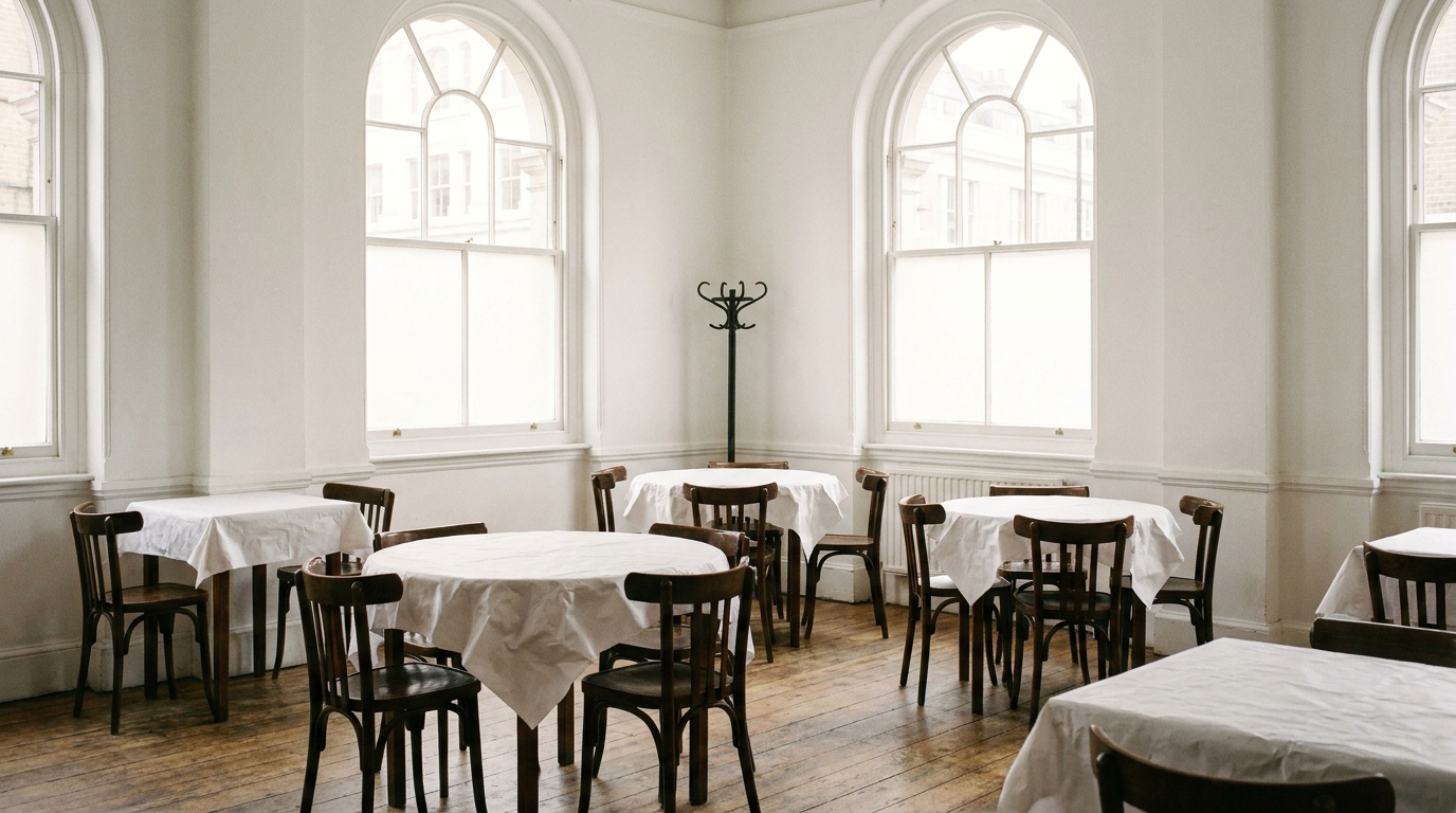 The white-walled, high-ceilinged dining room of St JOHN in Smithfield, a single black coat stand in the corner