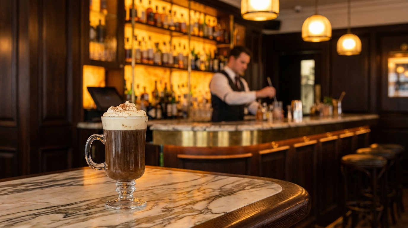 A cream-topped Irish coffee in a glass handle mug on the marble bar at Swift in Soho