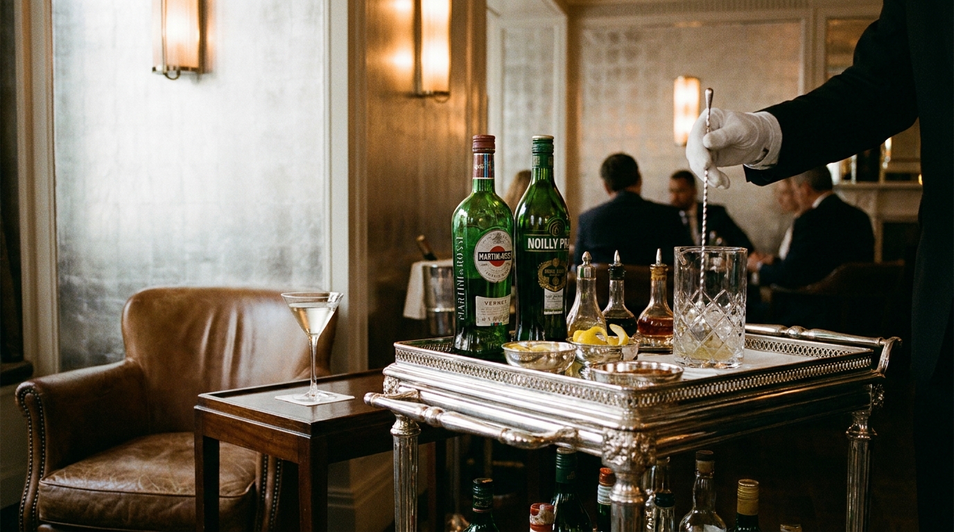 A silver martini trolley being stirred tableside at The Connaught Bar in Mayfair