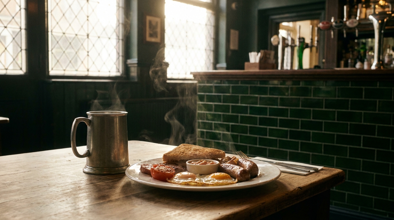 A full English breakfast plate and a pewter tankard of stout at The Fox and Anchor near Smithfield Market