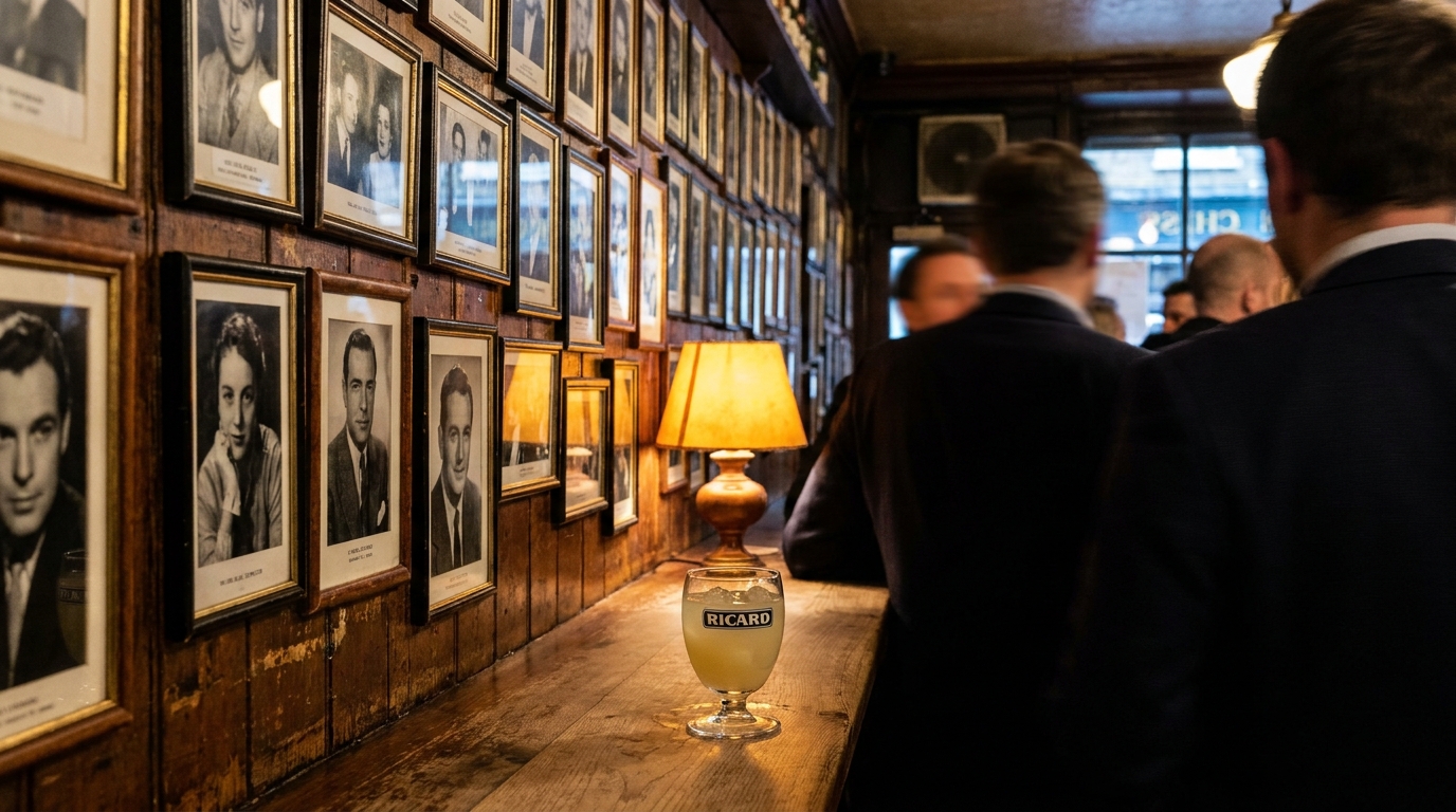 The narrow, photograph-covered ground-floor bar of The French House pub on Dean Street in Soho