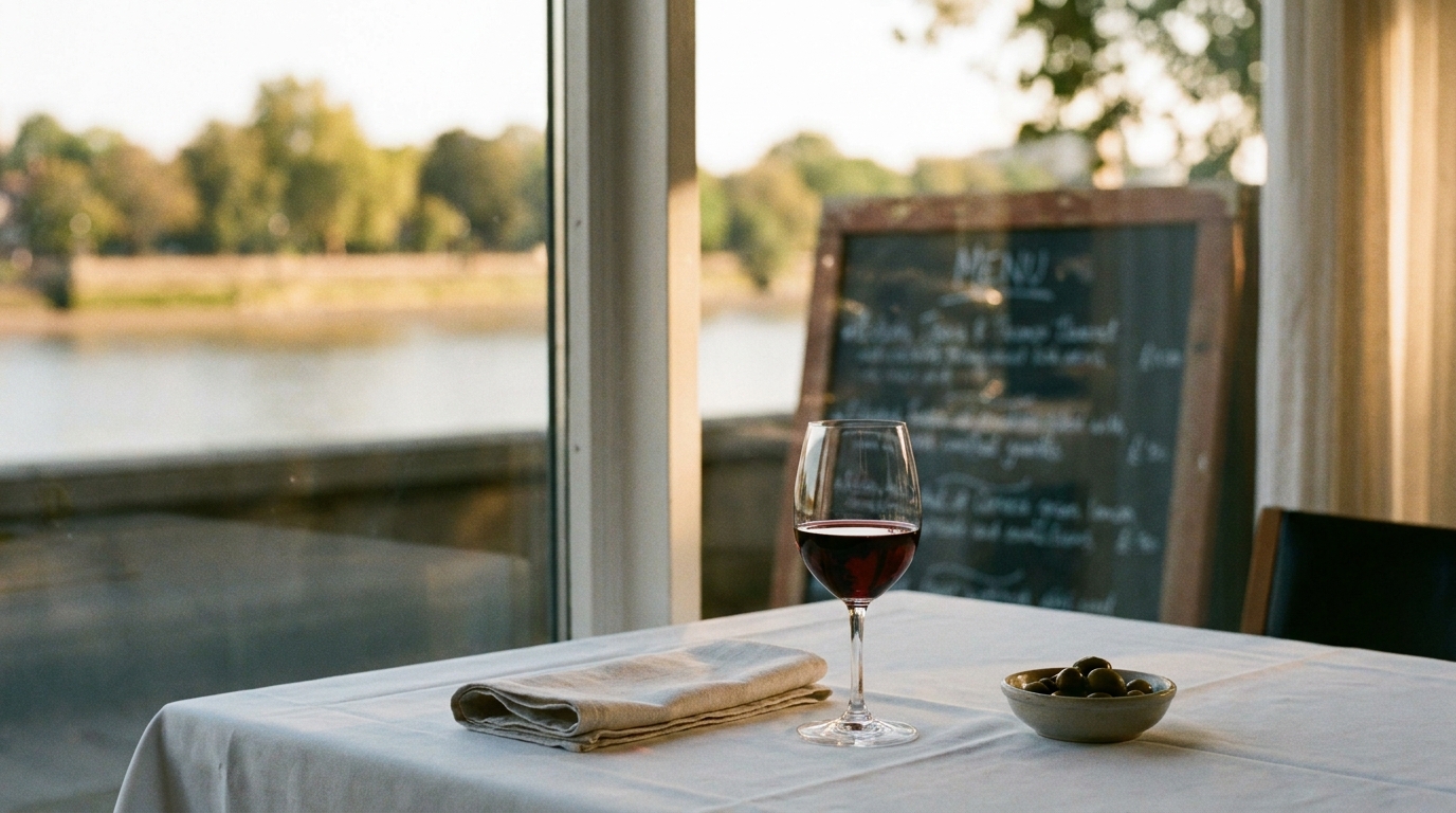 A white-tablecloth table at The River Cafe with a glass of wine, the Thames visible through a large window
