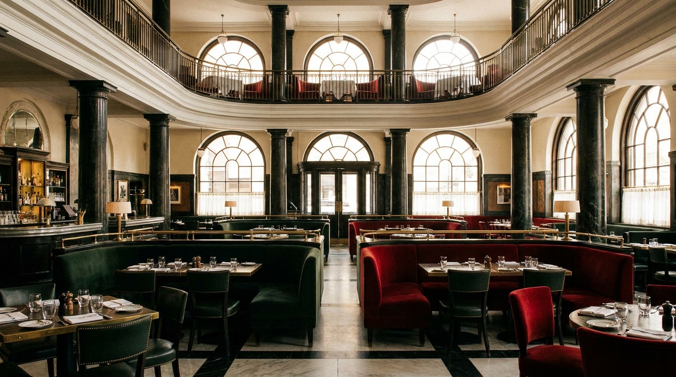 The high-ceilinged, black-and-white marbled dining room of The Wolseley on Piccadilly