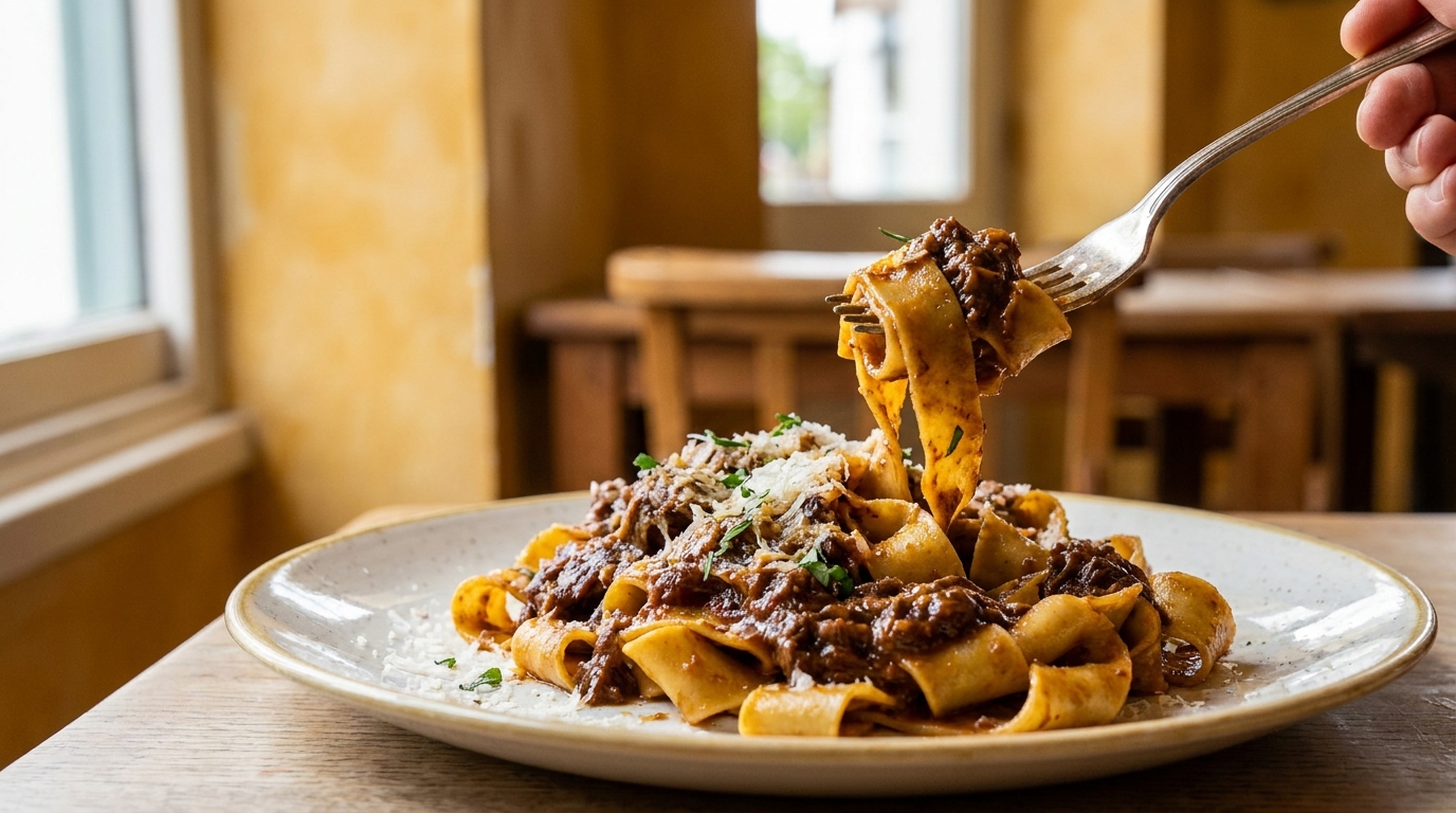 A plate of handmade pappardelle with shin of beef ragu at Trullo in Highbury